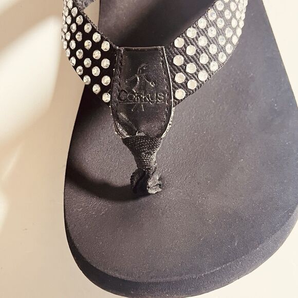 Corkys Madeline Flip Flop Clear Rhinestones On Black Fabric Straps Size 8 W/box - Picture 5 of 7